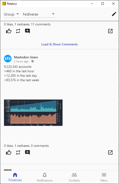 Screenshot of the first release of the Relatica Friendica mobile/desktop client running on Windows.