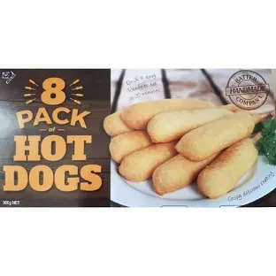 Box of frozen hot dogs. These are battered Sausages in a stick. 