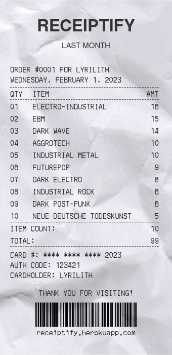 My Receiptify from January 2023, showing the top 10 genres from 1 to 10: electro-industrial, EBM, dark wace, aggrotech, industrial metal, futurepop, dark electro, dark post-punk, neue deutsche Todeskunst