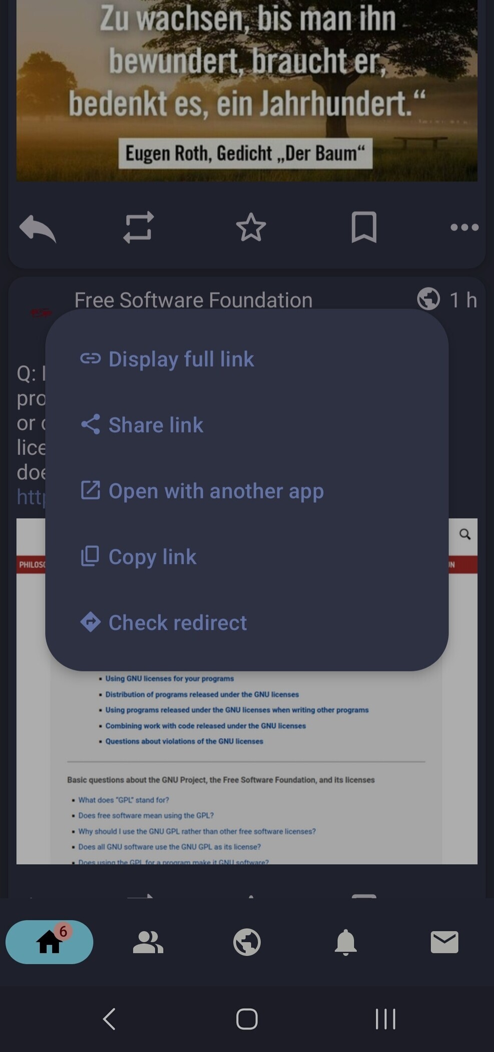 Long press on a link displays a pop-up menu. You can display full link, share it, open with another app, copy it and even check if it redirects. 