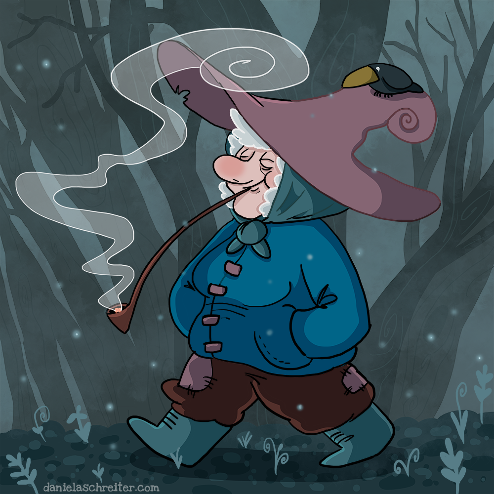 Comic Illustration: A witch is walking through a dark winter forest. It’s snowing, the witch is smoking a big pipe. She is wearing a dark blue coat, boots and a big witch hat. A little crow is sitting on it. Sie looks happy and peaceful, her eyes are closed.