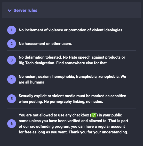 instance rules of affiliates.social:

1. No incitement of violence or promotion of violent ideologies

2. No harassment on other users.

3. No defamation tolerated. No Hate speech against products or Big Tech denigration. Find somewhere else for that.

4. No racism, sexism, homophobia, transphobia, xenophobia. We are all humans

5. Sexually explicit or violent media must be marked as sensitive when posting. No pornography linking, no nudes.

6. You are not allowed to use any checkbox (✅) in your public name unless you have been verified and allowed to. That is part of our crowdfunding program, you can have a regular account for free as long as you want. Thank you for your understanding.