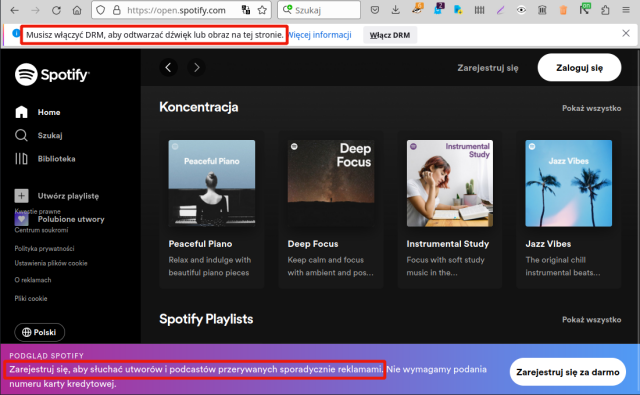 screenshot - strona spotify z wymaganiem DRM