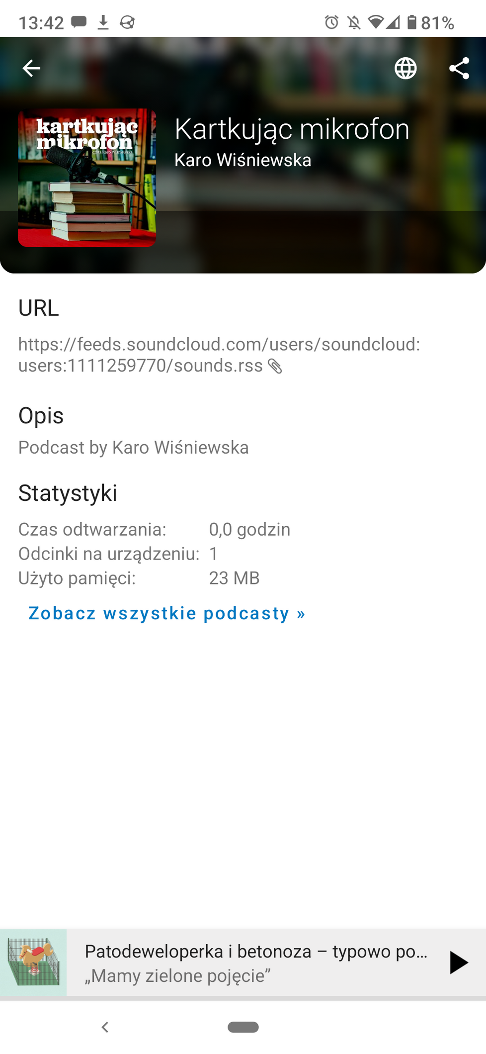 Zrzut z AntennaPod ze szczegółami podkastu AntennaPod. URL wskazuje na RSS z soundcloud