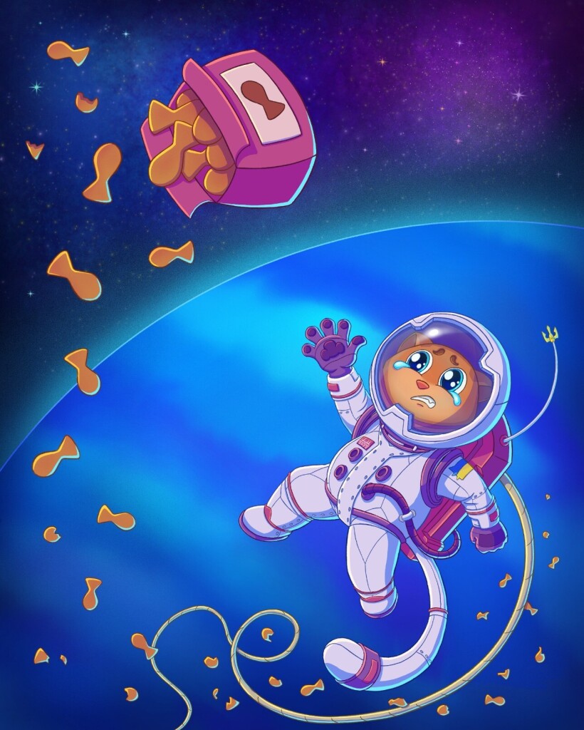 A cat-astronaut in space that lost his favorite cookies 