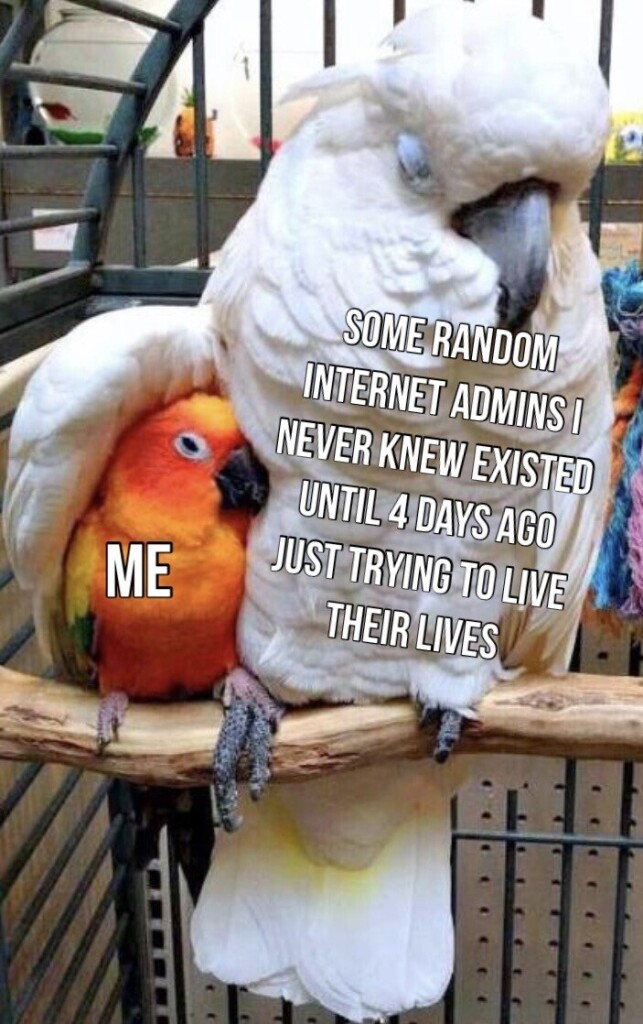 Better: A cockatoo with a tiny parrot lodged under its wing.  The cockatoo is labelled  "Some random Internet admins I never knew existed until 4 days ago, just trying to live their lives."  The parrot is labelled me.