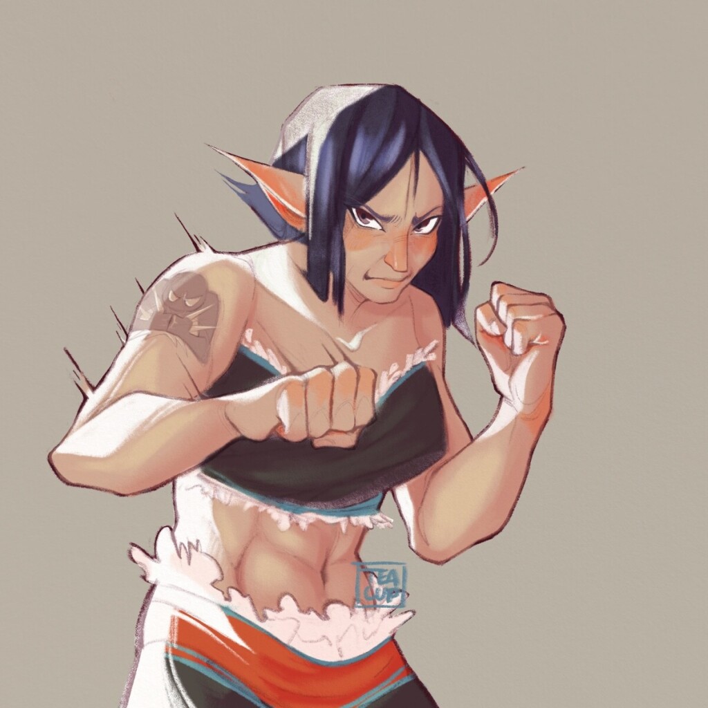 Digital illustration. An elf monk aims her fist at the viewer. She has black hair, brown eyes, and a tattoo of a person pressing their fists together.