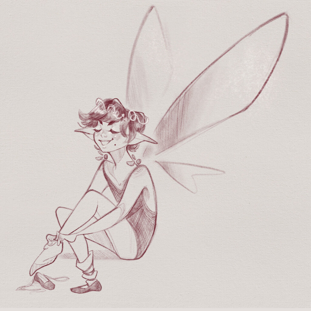 Digital sketch. A pixie wearing a leotard is putting on some dancing shoes with a smug expression on her face.