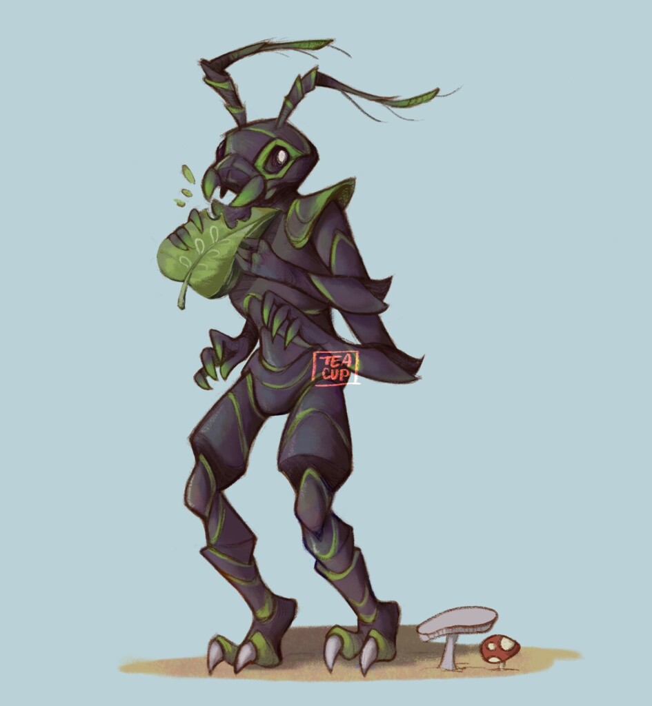 Digital illustration. An anthropomorphic ant creature is taking a bite out of a leaf.