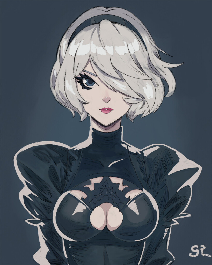 2b from Nier automata. Android with her face half covered by her silver hair, wearing a black dress, with a cleavage cutout.