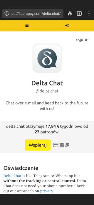 a screenshot from liberapay, saying "delta.chat is receiving 17.84 EUR per week from 27 patrons"