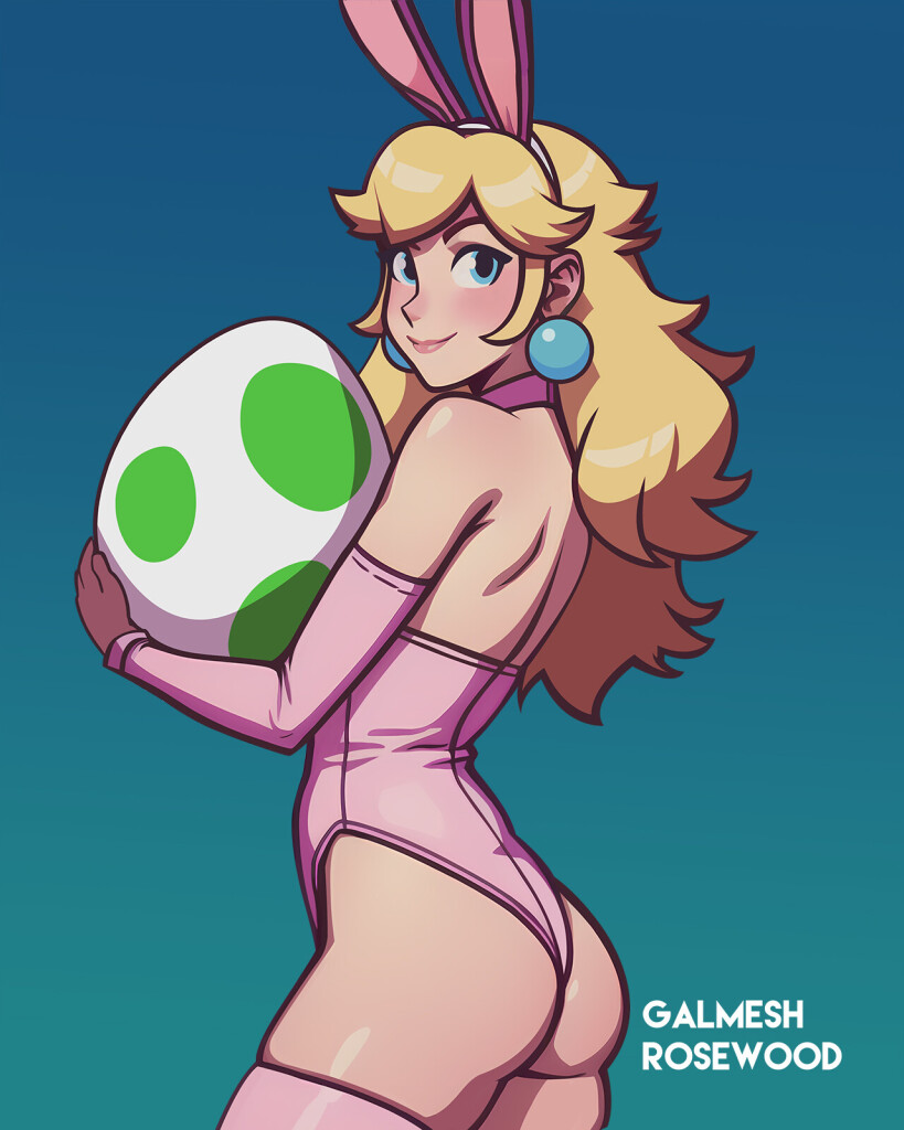 Princess Peach in a bunny suit holding a giant Yoshi egg.