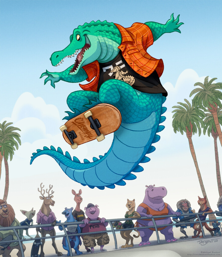 A cartoony alligator smiles in a friendly manner as he does a huge jump on his skateboard while many other animals of all different types look on approvingly.