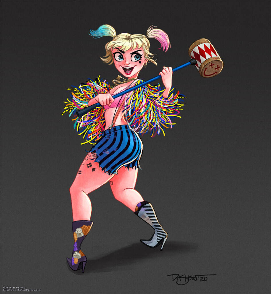 A cartoony picture of Margot Robbie as Harley Quinn from the movie 'Birds of Prey.' Harley is in a colorful costume and smiling while holding her signature giant mallet.