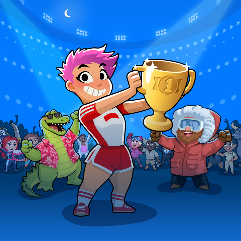 A cartoony woman holds up a giant gold trophy in a stadium while other characters - notably an alligator in a Hawaiian shirt and an arctic explorer - cheer her on.