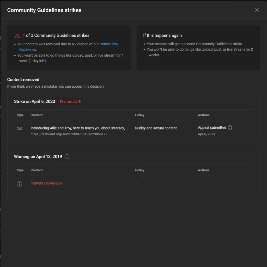 screenshot from my youtube studio page, showing that the appeal I filed over them banning a link to an intersex support network as "linking to nudity and sexual content" is stuck in "submitted" limbo