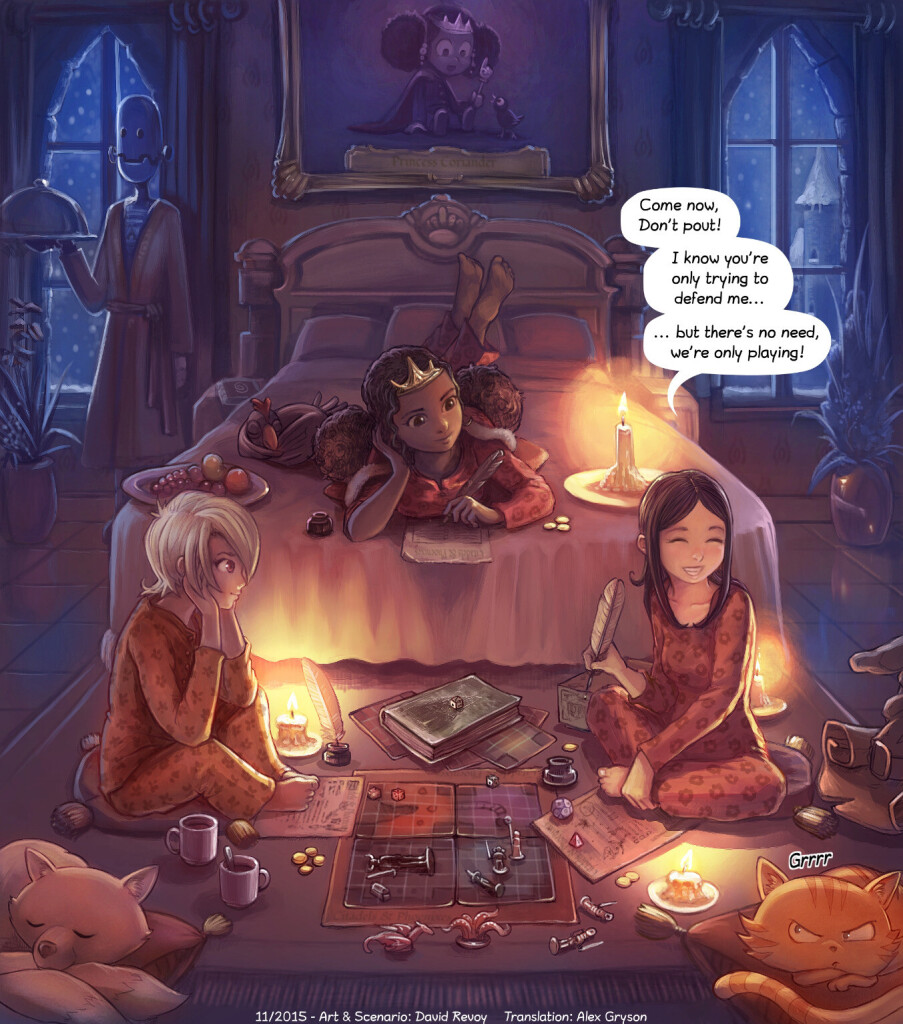 Digital painting: 3 girls (young witches) are sitting in a very comfortable looking bedroom. They are surrounded by lots of dice, papers, candles, figurines, books, coins, fruit, mugs. They all wear pyjamas. The rightmost girl is saying: "Come now, Don't pout! I know you're only trying to defend me... ... but there's no need, we're only playing!"