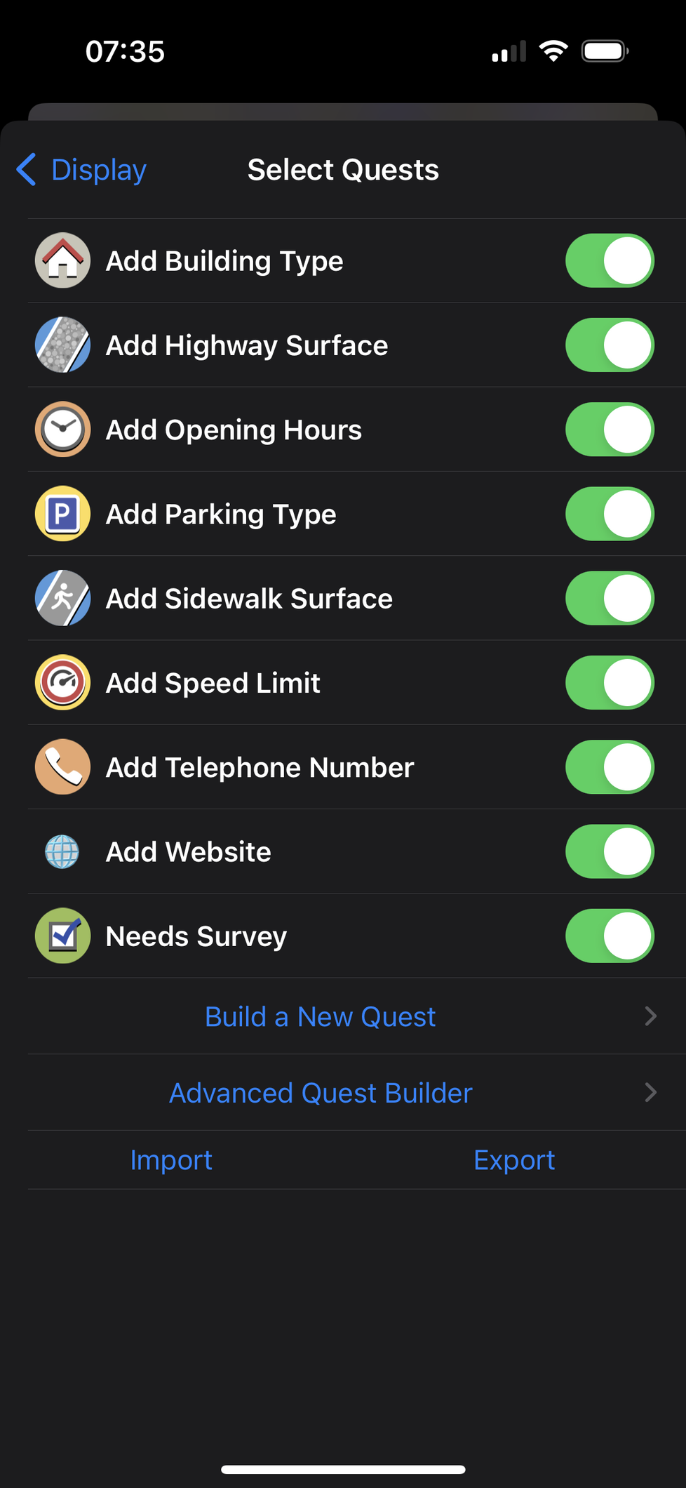 Select Quests: Add Building Type, Add Highway Surface, Add Opening Hours, Add Parking Type, Add Sidewalk Surface, Add Speed Limit, Add Telephone Number, Add Website, Needs Survey, Build a New Quest, Advanced Quest Builder