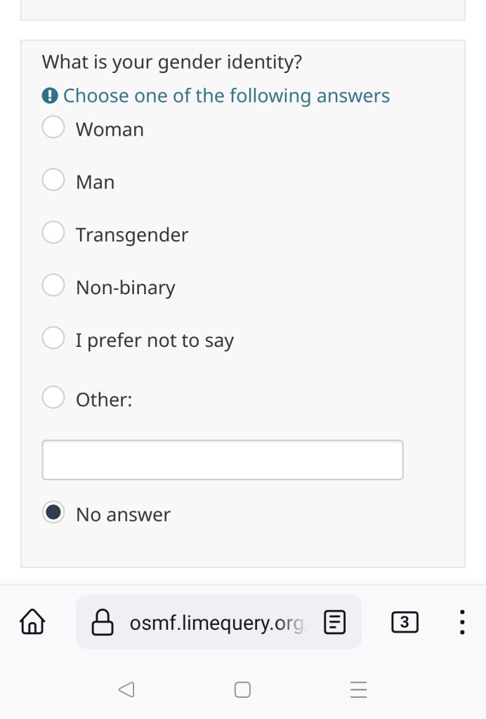 Screen shot of a survey from OSMF's limesurvey, showing gender as "male, female, transgender etc"