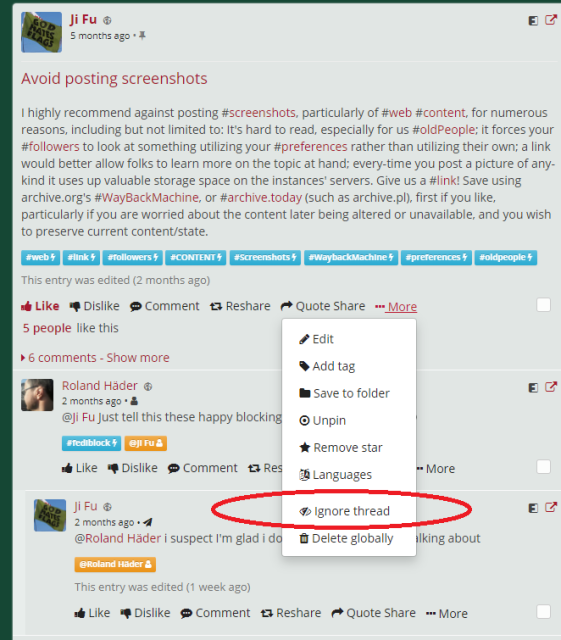 Screenshot of my own post on libranet.de, about why you shouldn't post screenshots, showing an option for IGNORE THREAD circled in red