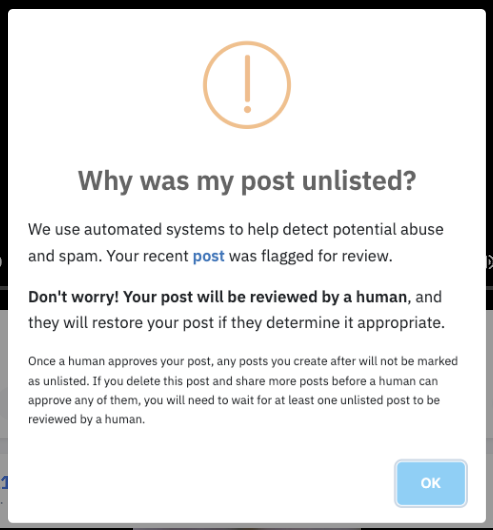 Pixelfed modal explaining why your post was unlisted and caught by Autospam Advanced Detection