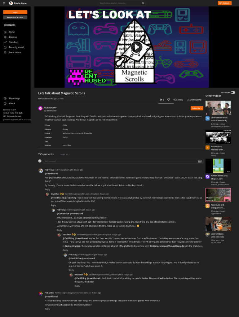 Screenshot from a PeerTube server showing the same conversation, but this time it is displayed in a PeerTube format as comments below the PeerTube video.