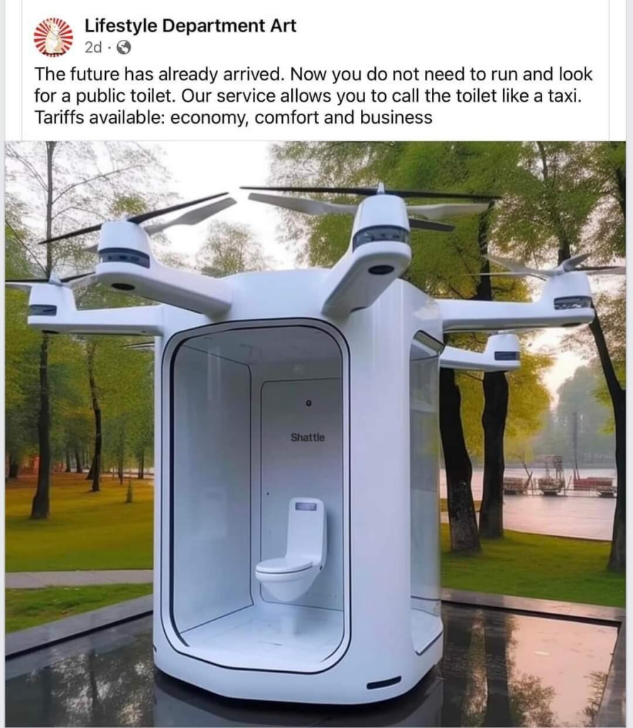 Screeenshot of an Instagram post of a Drone-based dixi toilet.
Headline: The future has already arrived. Now you do not need to run and look for a public toilet. Our service allows you to call the toilet like a taxi. Tariffs available: economy, comfort and business