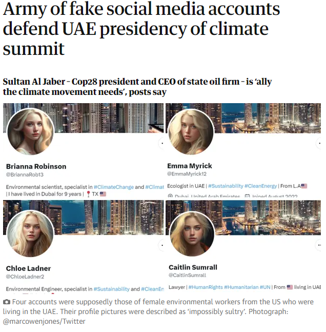 Guardian headline: "Army of fake social media accounts defend UAE presidency of climate summit"