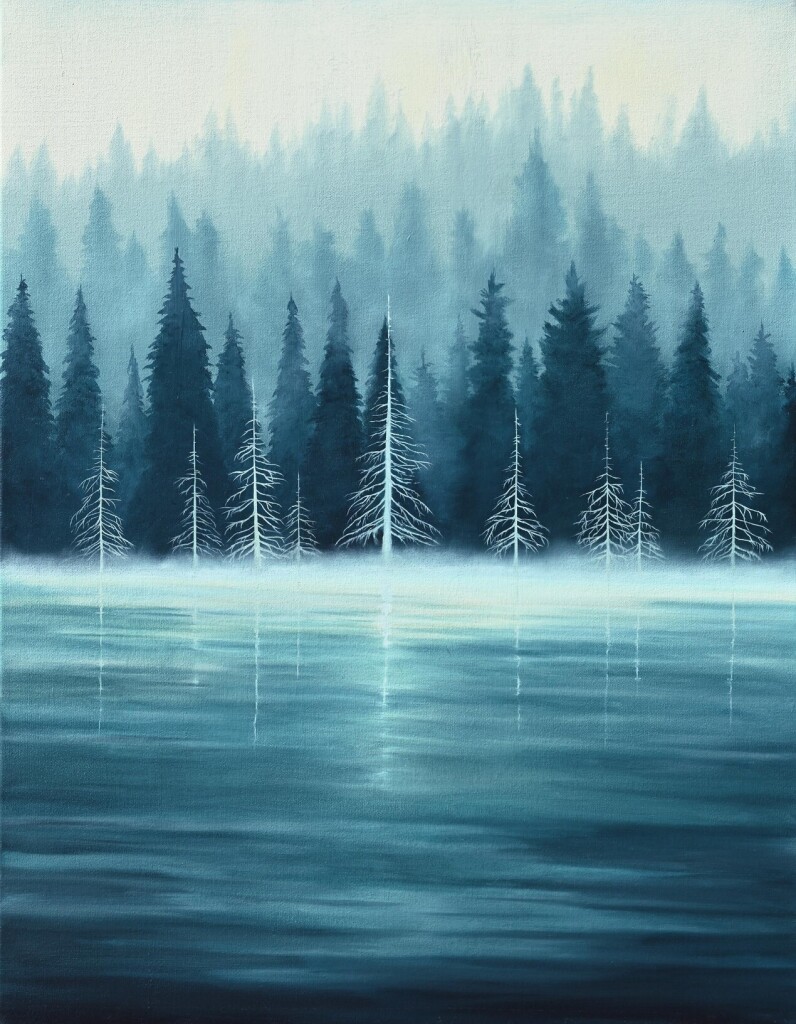 Painting in several shades of blue of a group of blue pine trees in the middle of the painting. In front of them are a couple of small white ones. The trees get bigger and vaguer in the back of the painting. The ground in front of them looks as if its ice, also in several shades of blue. The sky is very light blue with very light touches of pink and yellow.