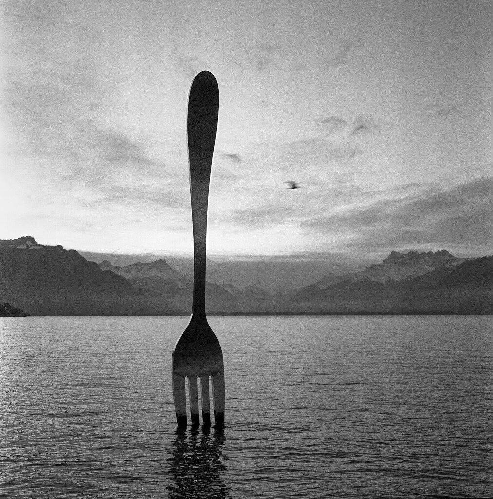 Black and white photograph of a fork statue placed in the Lac Leman.