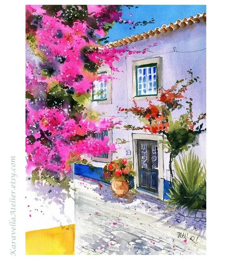 Bougainvillea of Obidos Portugal Painting by Dora Hathazi Mendes.  Art prints available