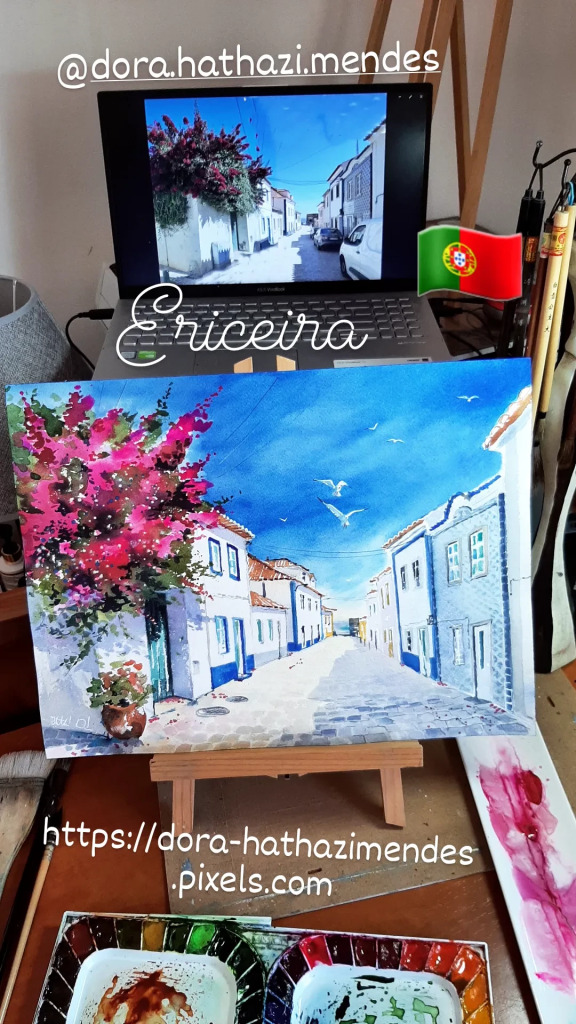 Ericeira Street with Bougainville  painting by Dora Hathazi Mendes.  Art prints available