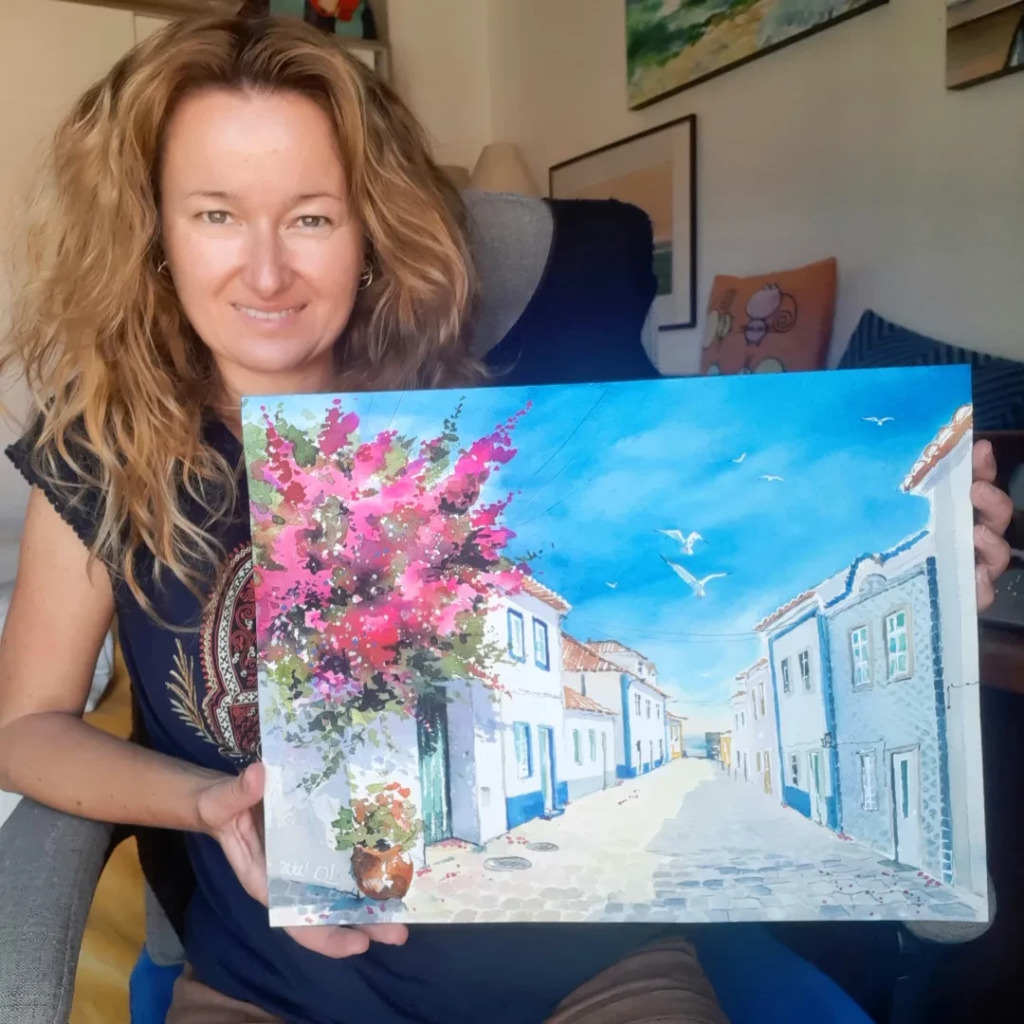 Ericeira Street with Bougainville  painting by Dora Hathazi Mendes.  Art prints available