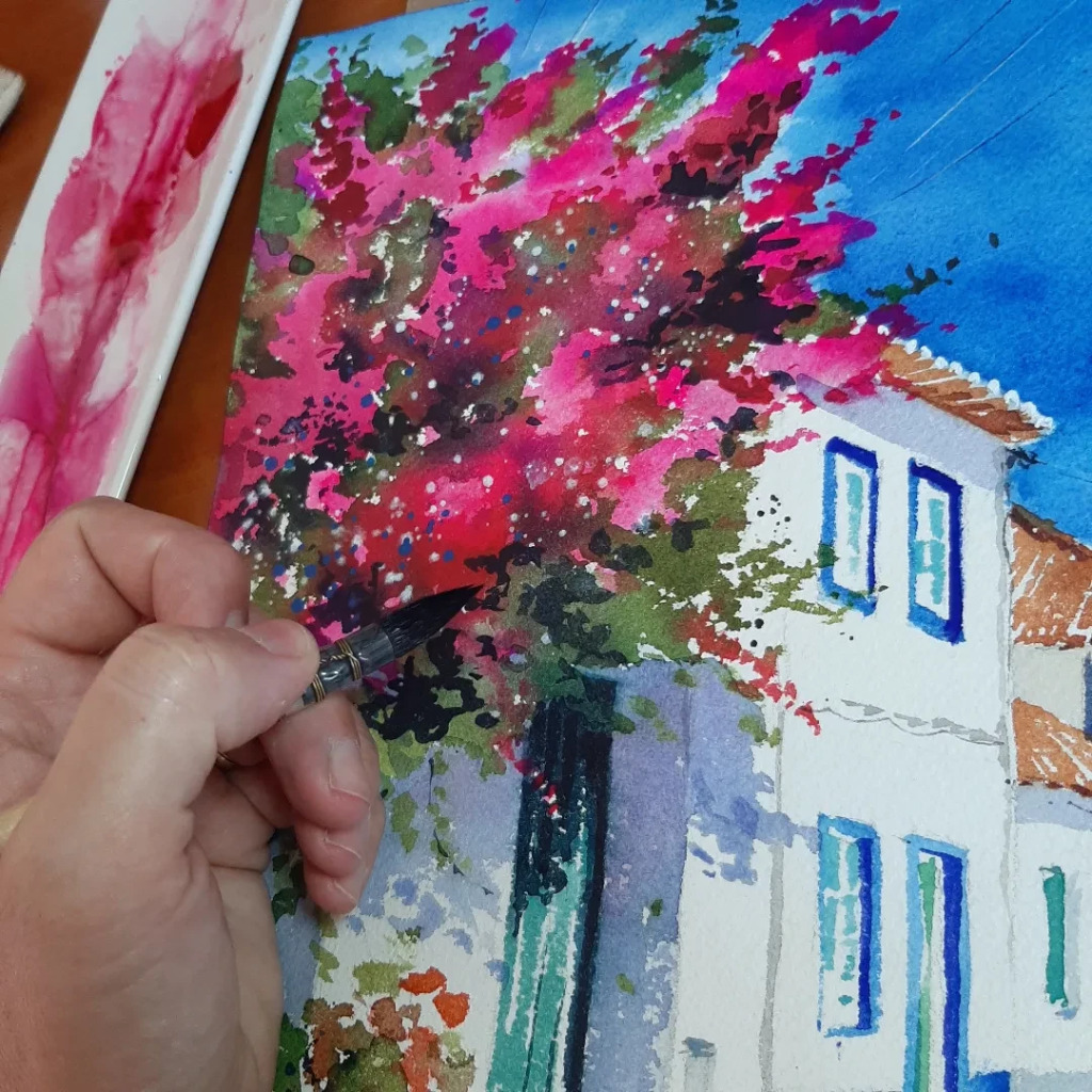 Ericeira Street with Bougainville  painting by Dora Hathazi Mendes.  Art prints available