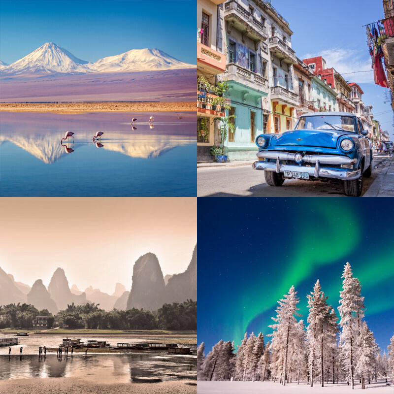 Flamingos in Atacama, Chile
Classic car in Havana, Cuba
Li river, Guilin, China
Northern lights in Lapland