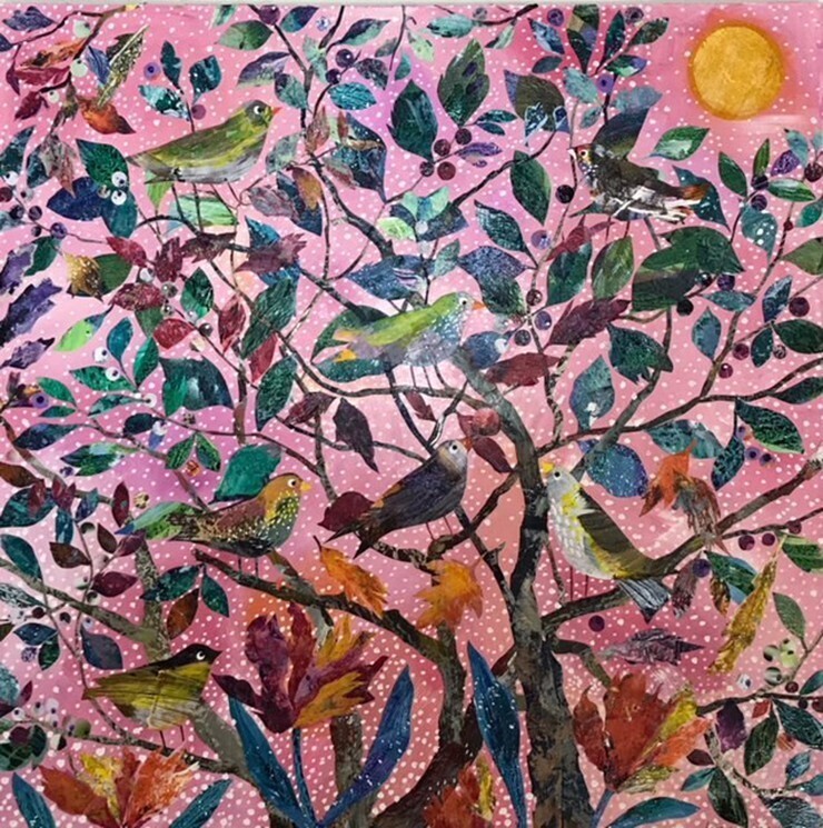 Colourful creative painting of the top of a full tree with birds in it. The leaves are coloured mainly blue and green. There are six little colourful birds sitting in it. The background is pink with tiny white dots. In the upper right corner is a yellow sun.