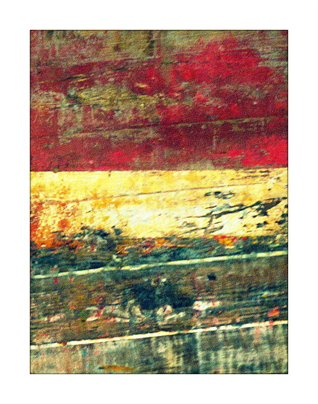 A colour photograph of a small section of boat hull which has been partially stripped in preparation for painting. The frame is broken into three richly textured horizontal bands. The top band is deep red followed by a thinner white band and finally a greenish natural band at the bottom of the frame. Some detail is provided by joints in planking slashing across the frame.