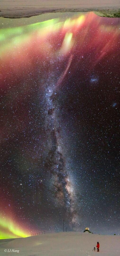 A long vertical image shows a band of the night sky from horizon at the bottom to the opposite horizon -- at the image top. A person stands on a snow covered landscape with the central band of the Milky Way running between horizons. Each horizon is lit by red, yellow, and green auroras.