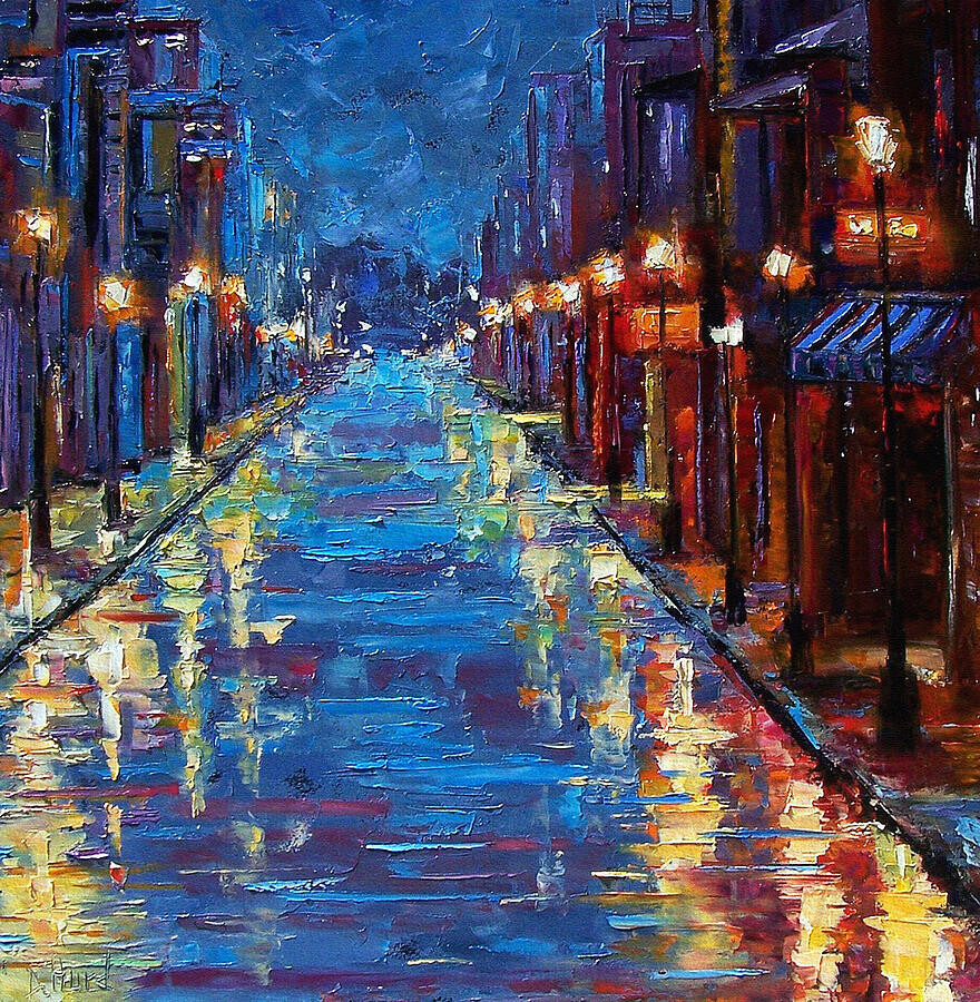 Shiny painting of Bourbon Street in New Orleans. The street is blue with the yellow of the lamp poles on both sides of the street reflected in it. The buildings on both sides are coloured purple and blue, in the front right with a lot of touches of red. The sky is clear blue.