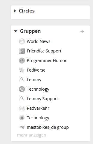 Screenshot der Seitenleiste von Friendica mit dem Titel "Circles" und dem Titel "Gruppen" mit einer Auflistung von Gruppen.