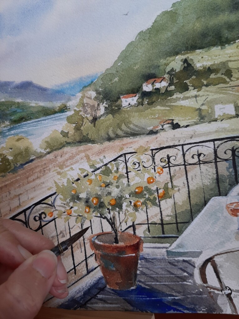 View To The Douro Valley in Portugal.  Original handmade watercolor painting by Dora Hathazi Mendes