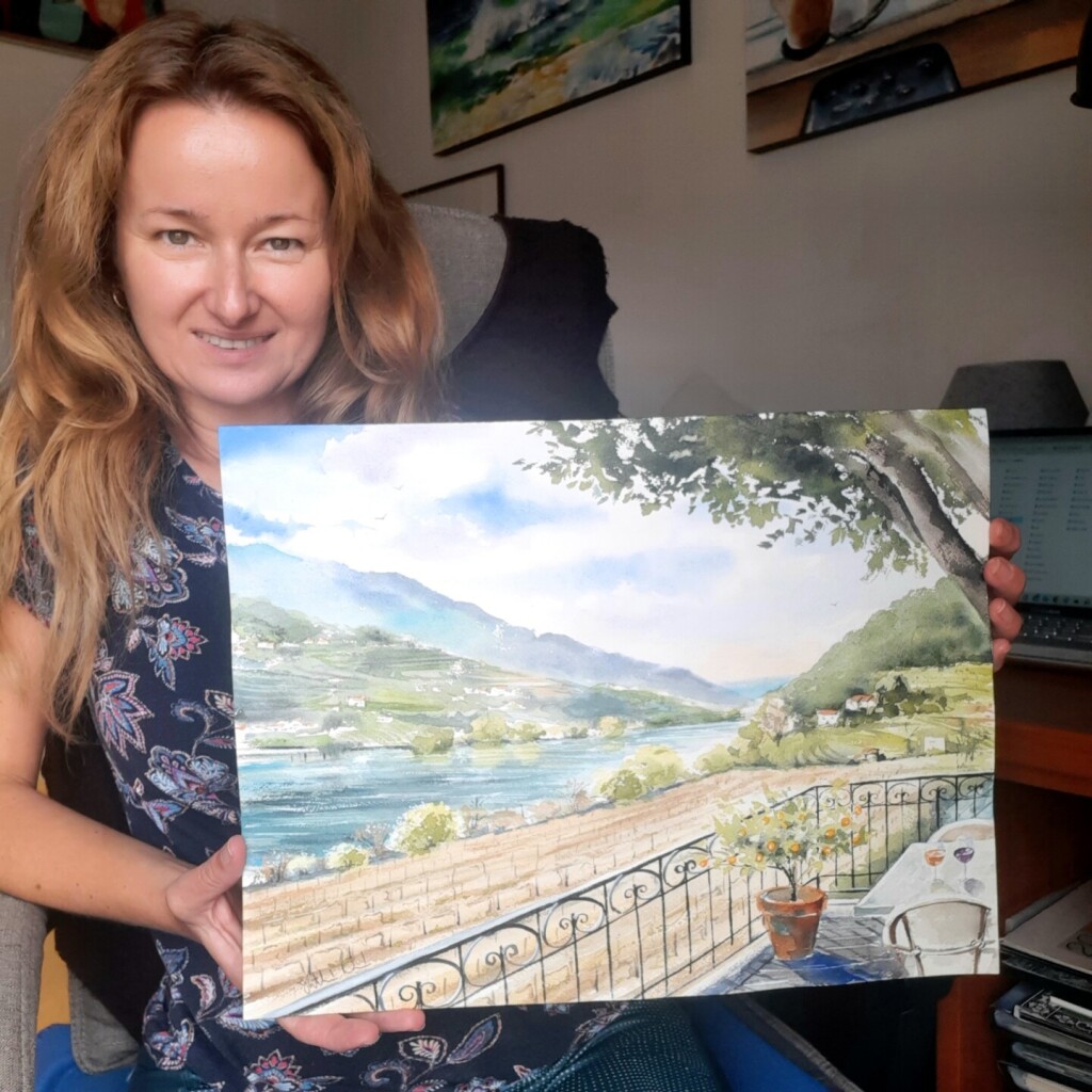 View To The Douro Valley in Portugal.  Original handmade watercolor painting by Dora Hathazi Mendes