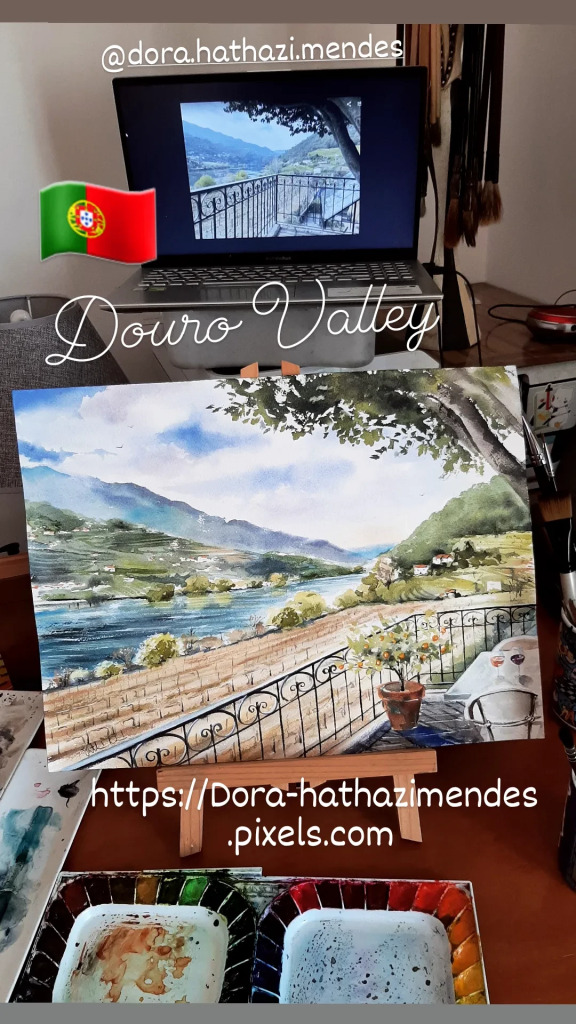 View To The Douro Valley in Portugal.  Original handmade watercolor painting by Dora Hathazi Mendes