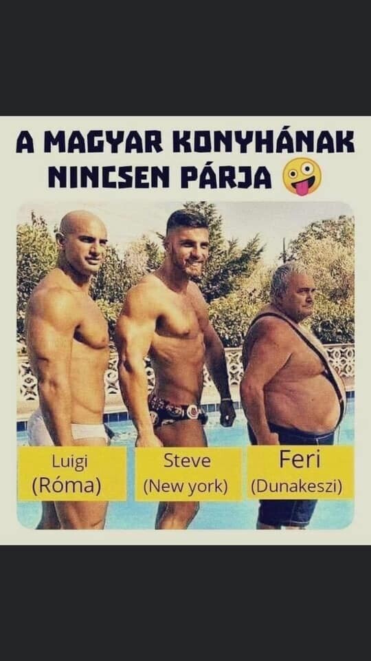 "A magyar konyhának nincs párja!” 
Three men: Luigi from Rome bald and muscular, Steve from New York muscular and thin, Feri from Dunakeszi (Hungarian city) is old, and fat.