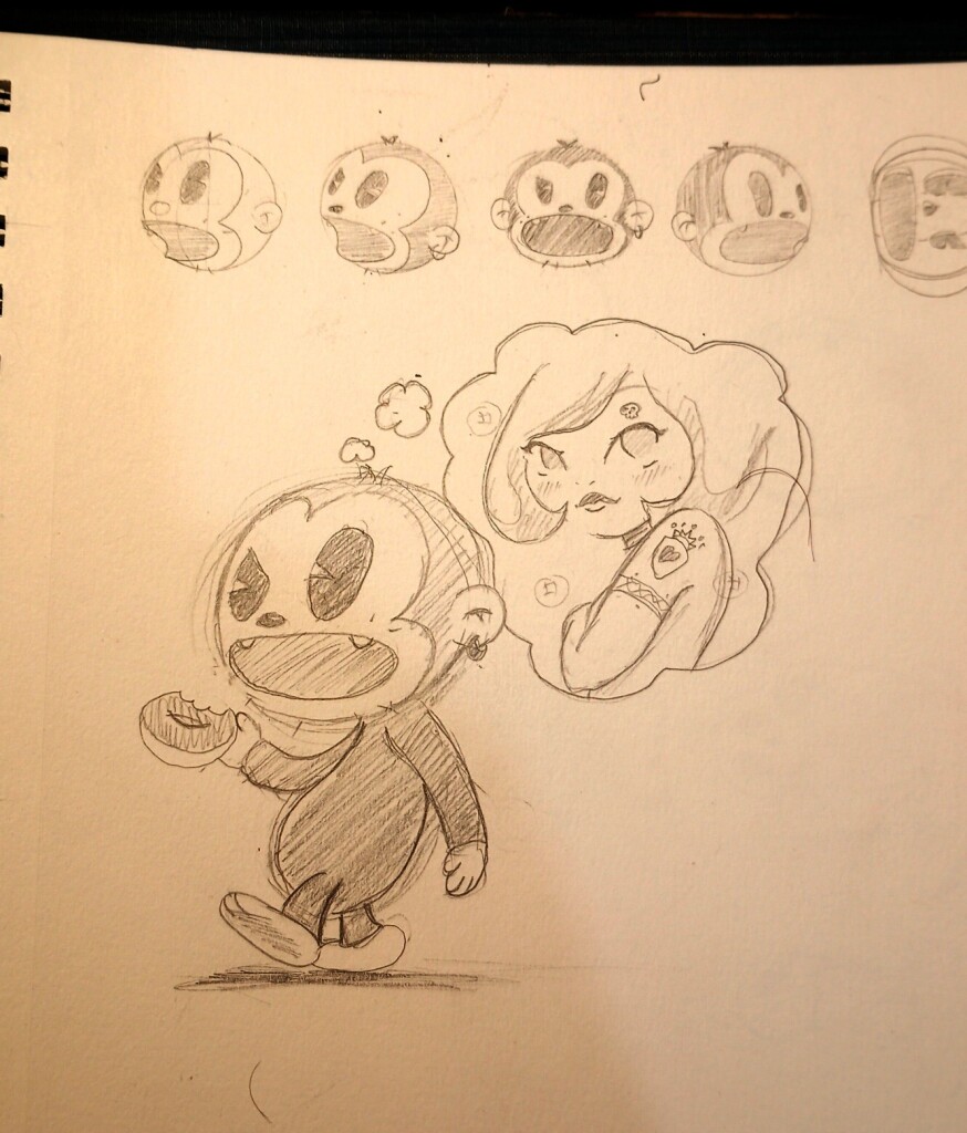 Pencil sketch and study of a cartoon monkey that eats donuts and thinks in pretty girls.