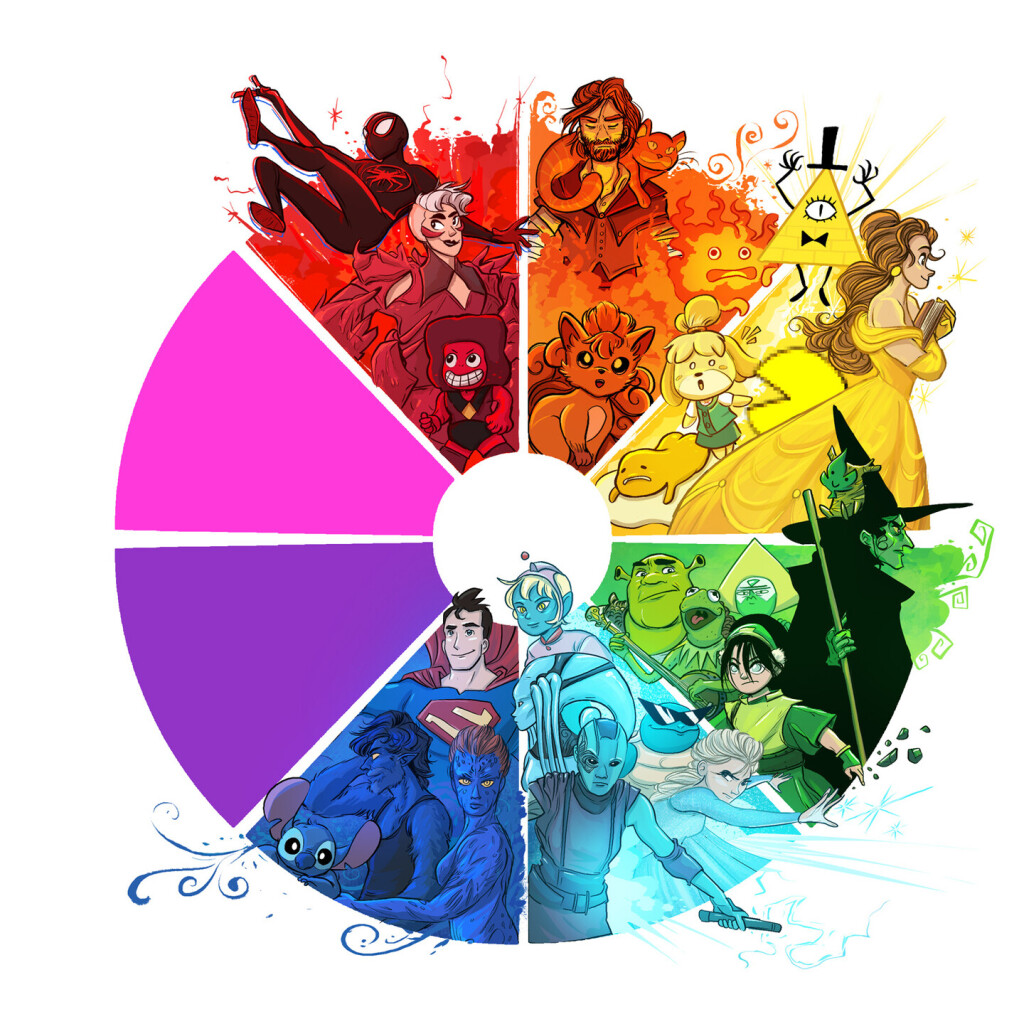 Challenge color wheel. Huit couleurs sur un cercle et des personnages issus de la pop culture pour chaque couleur. Dernière couleur avec le bleu foncé, avec Superman, Mystique, Nightcrawler et Stitch.