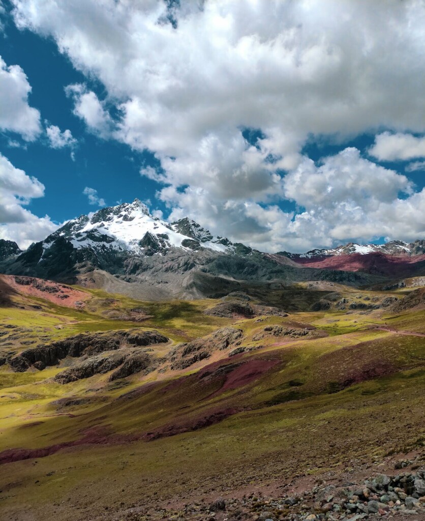 Photo of a mountain landscape. In the foreground are low hills with whats seems like mostly green and some purple moss on them. In the background are high grey pointy mountains with some snow on them. The sky is blue with a lot of white clouds.