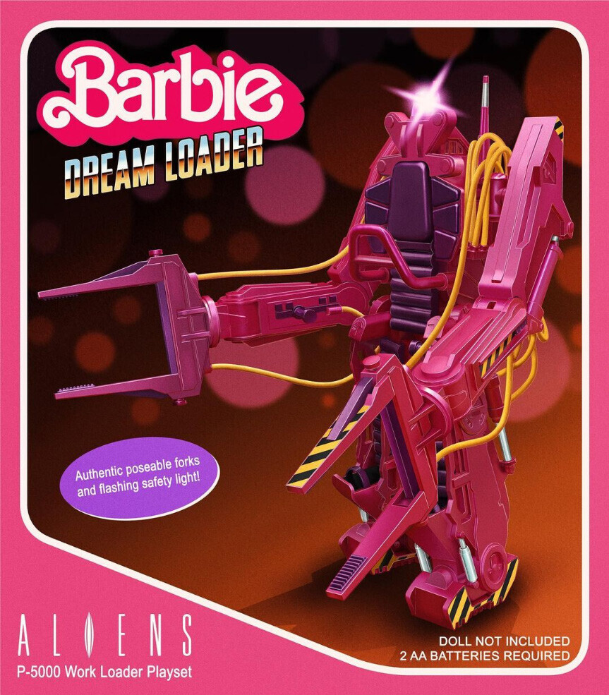 Barbie Dream loader, from the film Aliens, in bright pink and purple colors, and the tagline "Authentic poseable forks and flashing safety light!"