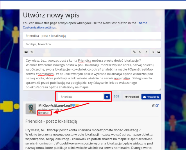 Scrennshot - tworzenie postu friendica z podaniem lokalizacji