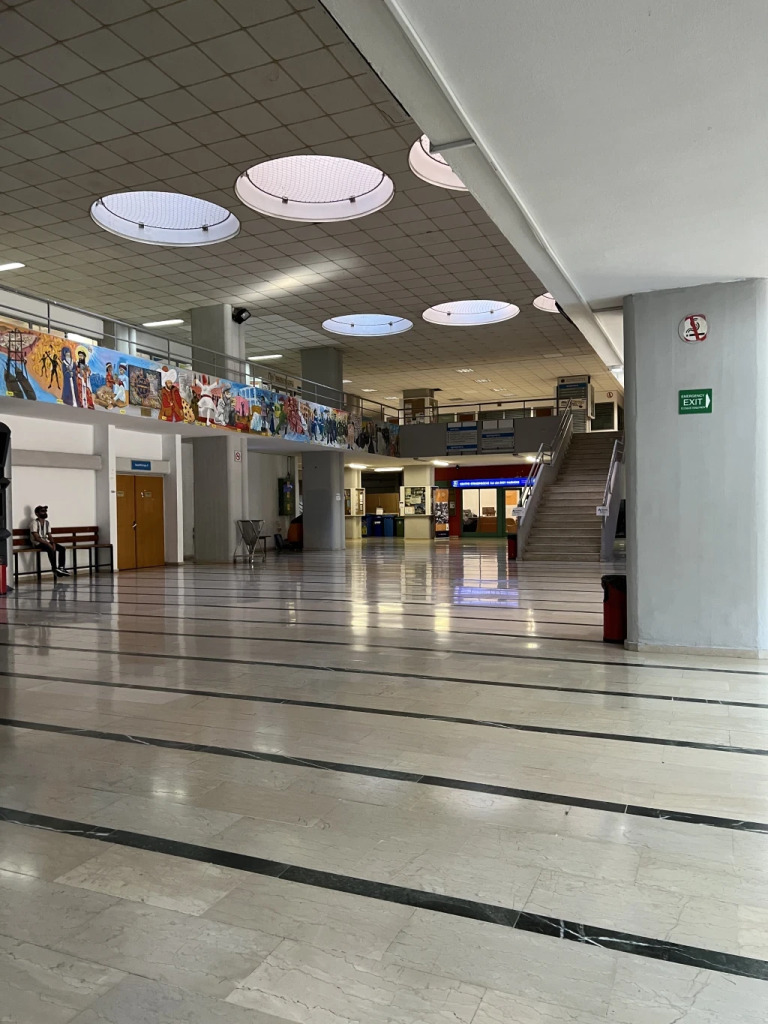 An empty university lobby.